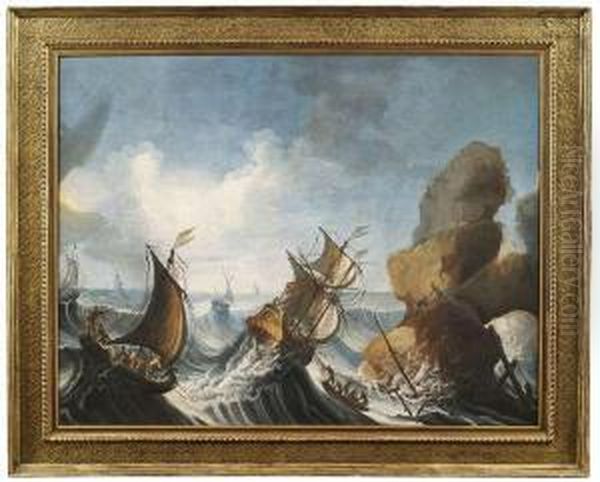 Sailingships In Rough Sea At A Rocky Coast Oil Painting by Bartolomeo Pedon