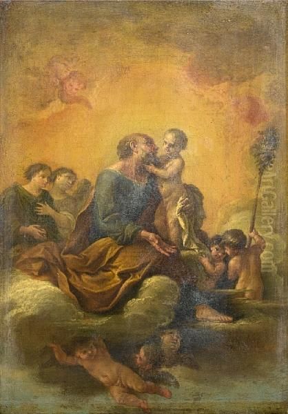 Saint Joseph And The Infant Christ Surrounded By Putti And Angels Oil Painting by Domenico Pedrini