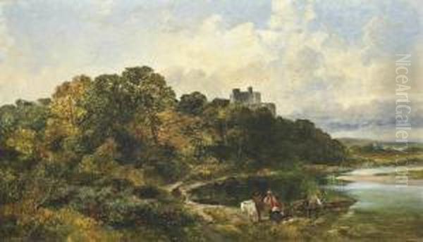 Figures And A Horse By A River, A Castle In The Distance Oil Painting by James Peel