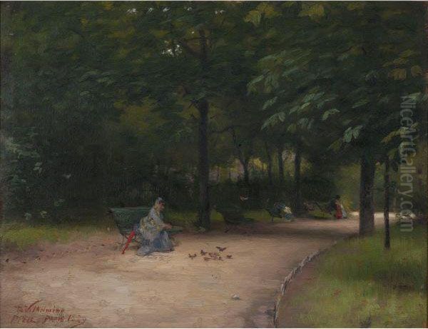 Feeding Birds In The Park Oil Painting by Paul Peel