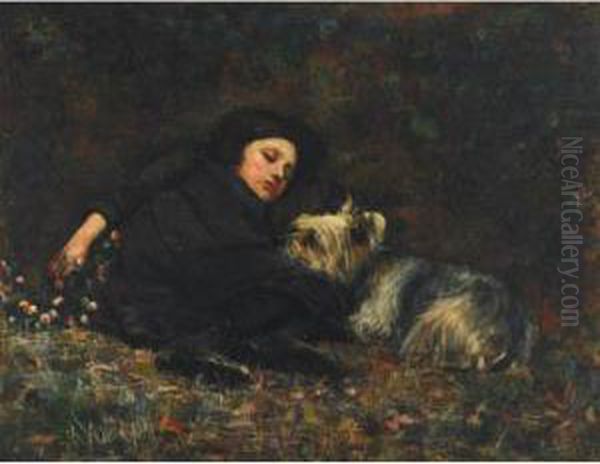 Young Girl With Terrier Oil Painting by Paul Peel