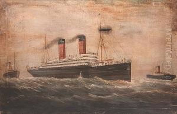 The Liner Carmania And Other Cunard Steamers At Sea Oil Painting by Charles Ernest Peers