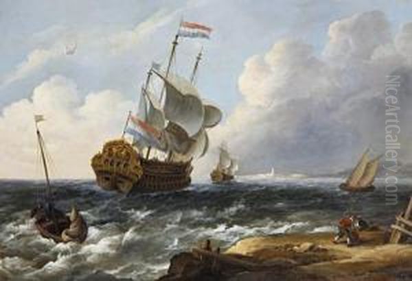 A Dutch Man-o'-war Offshore In Choppy Seas Oil Painting by Bonaventura Ii Peeters