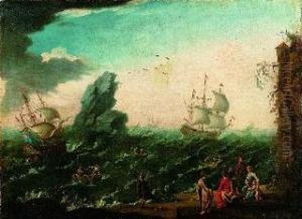 Burrasca Di Mare Con Velieri Inglesi E Olandesi Oil Painting by Bonaventura Ii Peeters