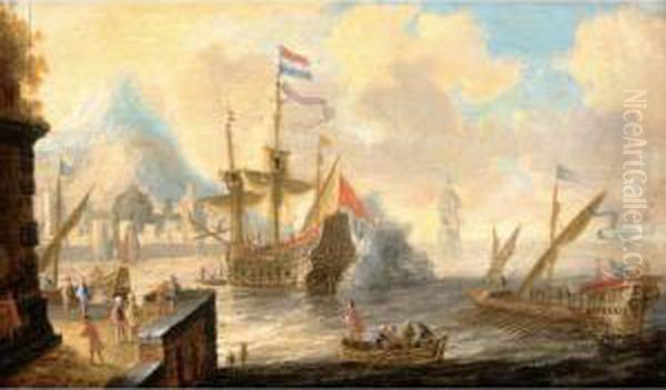 A View Of A Mediterranean Harbour Scene With A Galley And A Dutch Man Of War In The Foreground Oil Painting by Bonaventura Ii Peeters