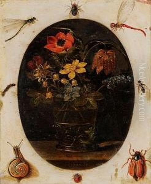 Bouquet De Fleurs Dans Un Vase Entoure D'insectes. Oil Painting by Clara Peeters