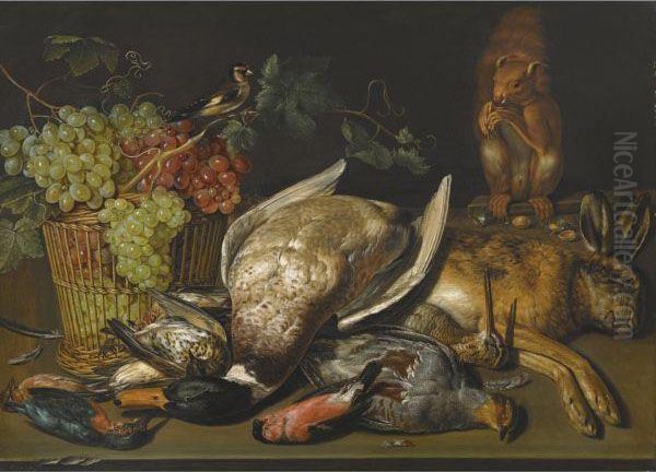 Still Life Of A Game And A Basket Of Grapes With A Squirrel Andgoldfinch Oil Painting by Clara Peeters