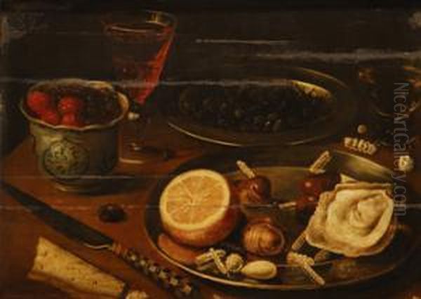 Bodegan: Cuenco De Frutos, Plato Con Liman, CastaaÂ±as Y Ostra Junto A Un Cuchillo, Sobre Una Mesa Oil Painting by Clara Peeters