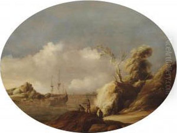 A Coastal Landscape With A Three-master At Anchor, Figuresconversing In The Foreground And A Town Beyond Oil Painting by Gillis Egidius I Peeters