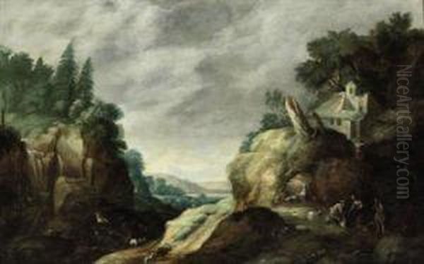 A Mountainous River Landscape With Herdsmen Near A Waterfall Oil Painting by Gillis Egidius I Peeters