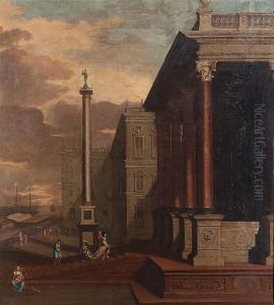 Elegant Figures On The Steps Of A Palazzo, A View To A Harbour Beyond Oil Painting by Jacob Balthasar Peeters