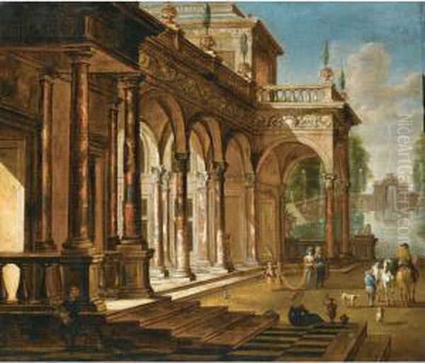 Elegant Figures Before A Palace With A Fountain Beyond Oil Painting by Jacobus Balthasar Peeters