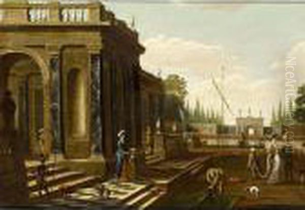 Elegant Figures Walking On And Near A Classical Terrace Oil Painting by Jacobus Balthasar Peeters