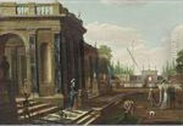 Elegant Figures Walking On And Near A Classical Terrace Oil Painting by Jacobus Balthasar Peeters