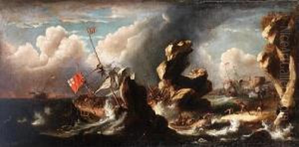 A Rocky Coastline With A Ship Running Aground In A Storm Oil Painting by Jan Peeters