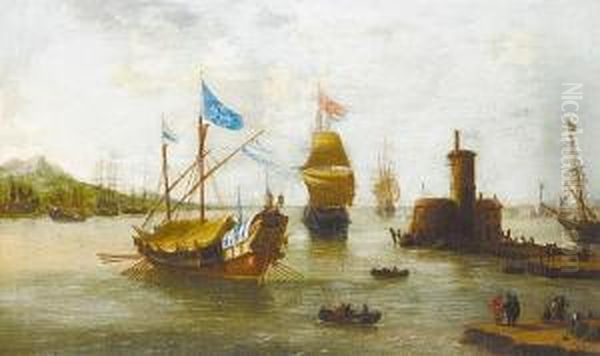 Shipping Approaching A Harbour In A Calm, Villages On The Horizon Oil Painting by Jan Peeters