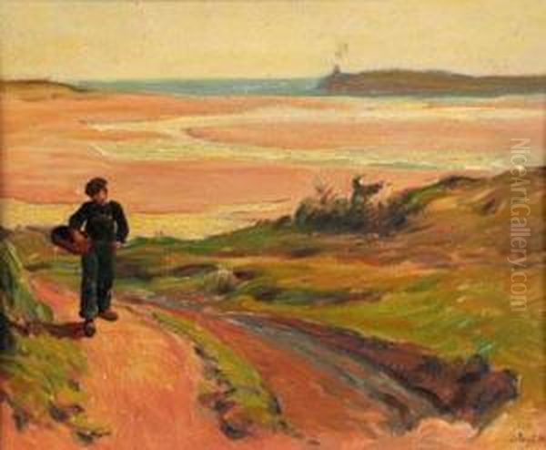 Petit Breton Au Panier Devant La Plage Rose Au Pouldu Oil Painting by Jean-Bertrand Pegot-Ogier