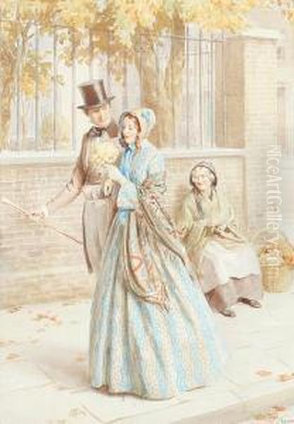 Young Couple And A Flower Seller In The Street Oil Painting by Frederick Pegram