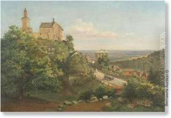 Panoramiclandscape With Village On A Hill. Oil Painting by Friedrich Eugen Peipers