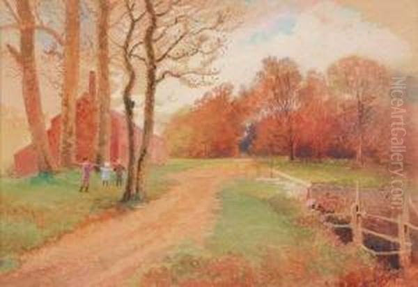 Autumn Scene With Children,
 Signed Lower Right Oil Painting by H. Winthrop Peirce