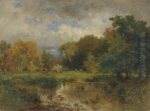 River Landscape Near Lundenburg Oil Painting by Eduard Peithner Von Lichtenfels