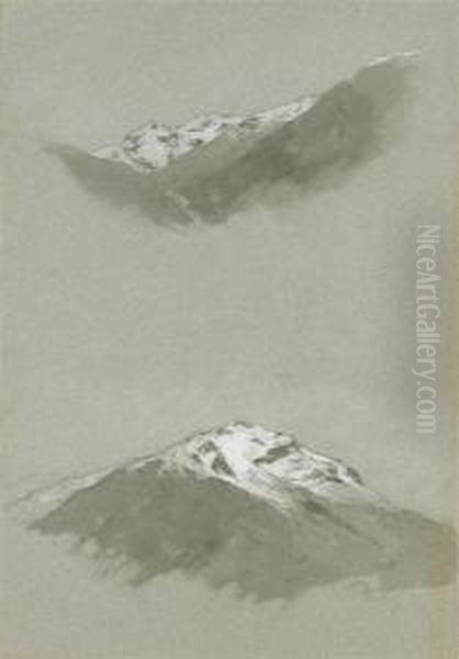 Twomountain Studies On One Sheet. Oil Painting by Eduard Peithner Von Lichtenfels