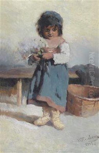 Girl With Bunch Of Flowers Oil Painting by Ivan Andreevich Pelevin