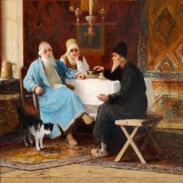 Figures Sitting At A Table Oil Painting by Ivan Andreevich Pelevin