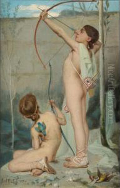 Les Petites Archers [, The Little Archers, Oil On Canvas Signed And Dated] Oil Painting by Fernand Pelez