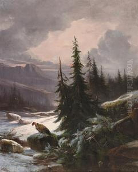 Bird Of Prey In A Winter Landscape Oil Painting by Jacobus Pelgrom