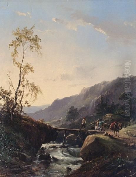 Travellers Crossing A Bridge In A Valley At Dawn Oil Painting by Jacobus Pelgrom