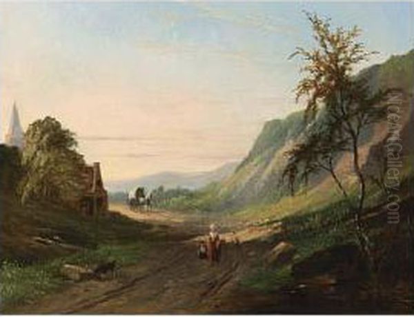 Figures And A Horsedrawn Carriage In A Mountainous Landscape Oil Painting by Jacobus Pelgrom