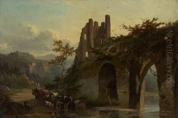 Bauerin Mit Vieh An Sudlandischer Furt Neben Einer Aquadukt-ruine Oil Painting by Jacobus Pelgrom