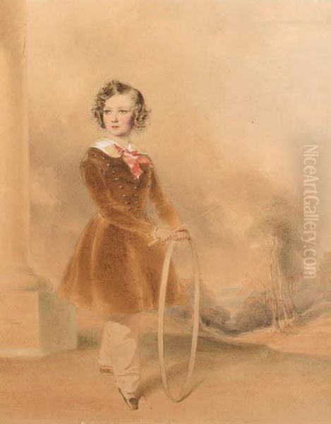 A Portrait Of A Young Boy, Full-length, Holding A Hoop And A Whipin An Open Landscape Oil Painting by James Ii Pelham