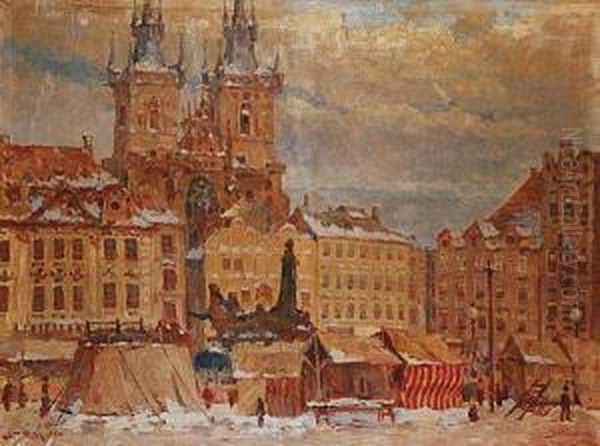 The Christmas Market At Old Town Square In Prague Oil Painting by Alexander J. Pelisek