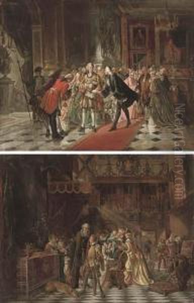 The Court Of The Young Louis Iii; And A Palace Interior With A Courtier Giving A Petition Oil Painting by Louis Antoine Victor Pellegrin