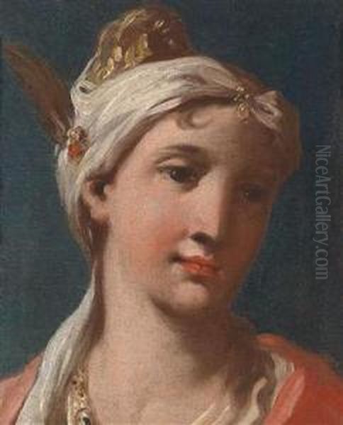 Portrait Of A Girl In A Turban-like Headdress Adorned With Pearls Oil Painting by Giovanni Antonio Pellegrini