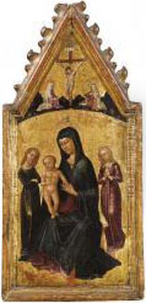 Madonna In Trono Col Bambino E Angeli,in Alto La Crocifissione E Santi Oil Painting by Pellegrino Di Mariano