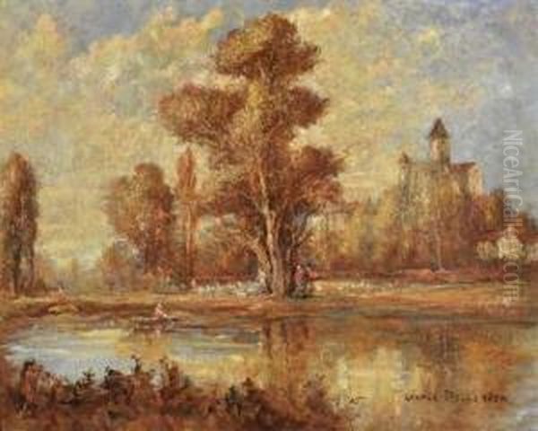 Promenade Au Bord De L'eau Au Pied Du Chateau Oil Painting by Leonce Pelletier