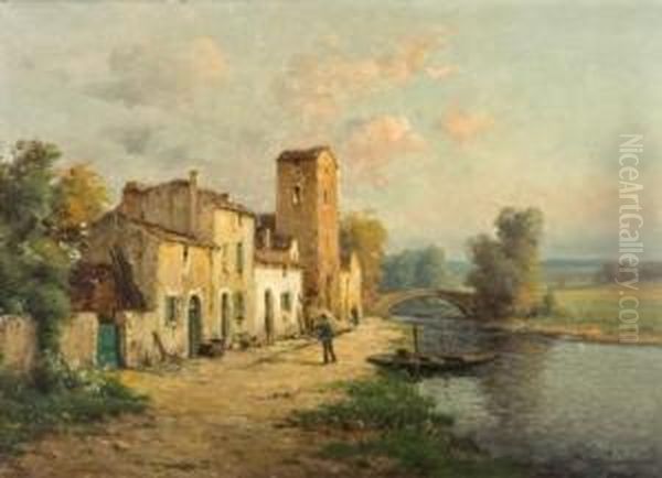 Riviere Du Midi Avec Barques, Encadree De Maisons Et Riviere Dumidi Avec Rue De Village Oil Painting by Pierre Jacques Pelletier