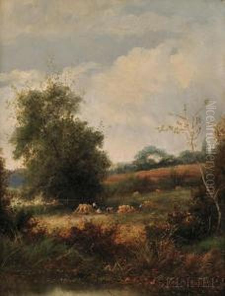 Landscape With Peasants At Harvest Oil Painting by Leon Germain Pelouse