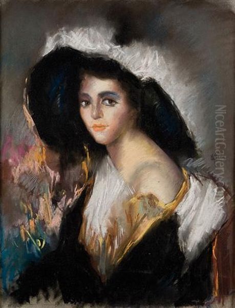 Retrato De Dama Consombrero Oil Painting by Maximino Pena Y Munoz