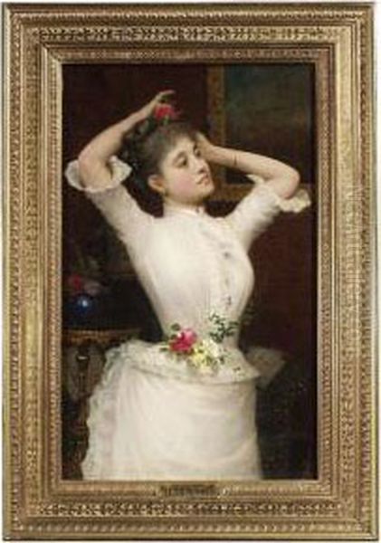 An Elegant Lady In A Parlour. She Is Wearing A White Gown And Adorns Her Hair With Flowers. Oil/canvas, Signed Oil Painting by Ugo Pendini