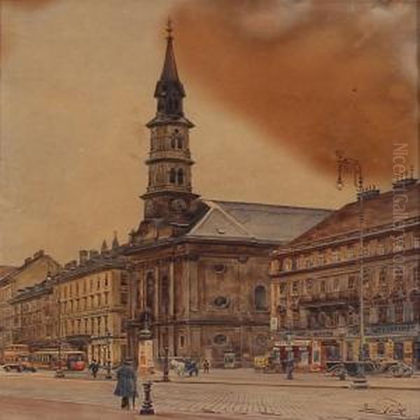 Street Scene With A Church, Presumably From Vienna Oil Painting by Erwin Pendl