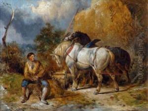 Horses And Seated
Figure Oil Painting by W. J. Penfold