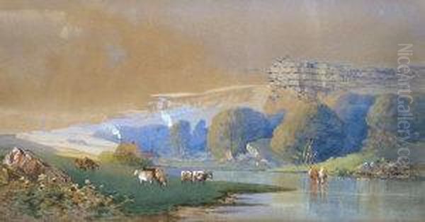 Cattle Grazing By A River Oil Painting by Aaron Edwin Penley