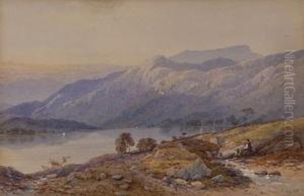 A Figure Overlooking A Lake With Mountainous Landscape Behind Oil Painting by Aaron Edwin Penley