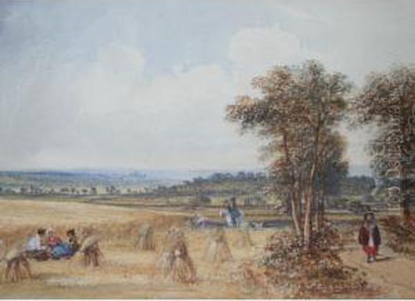 An Open Summer Landscape With Harvesters Resting Oil Painting by Aaron Edwin Penley