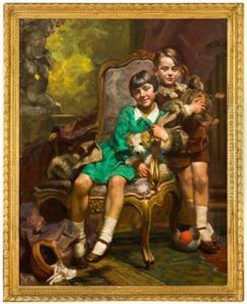 Ritratto Di Fanciulli In Interno Con Cagnolino E Peluche Oil Painting by Giuseppe Pennasilico