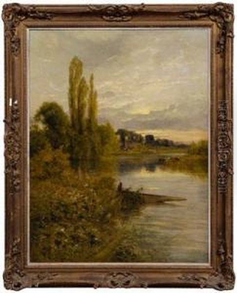 Fisherman In Boat At The Edge Of A River Oil Painting by Harry Pennell